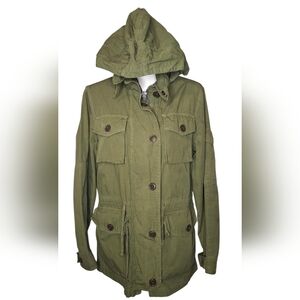 J CREW S Green Field Mechanic Military Utility Jacket Coat Multi Pocket Hoodie